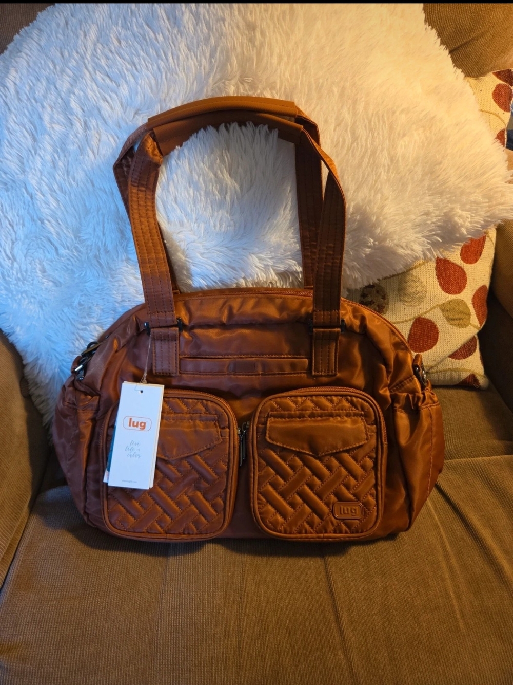 lug Quilted Brown Tote Bag with Dual Front Pockets